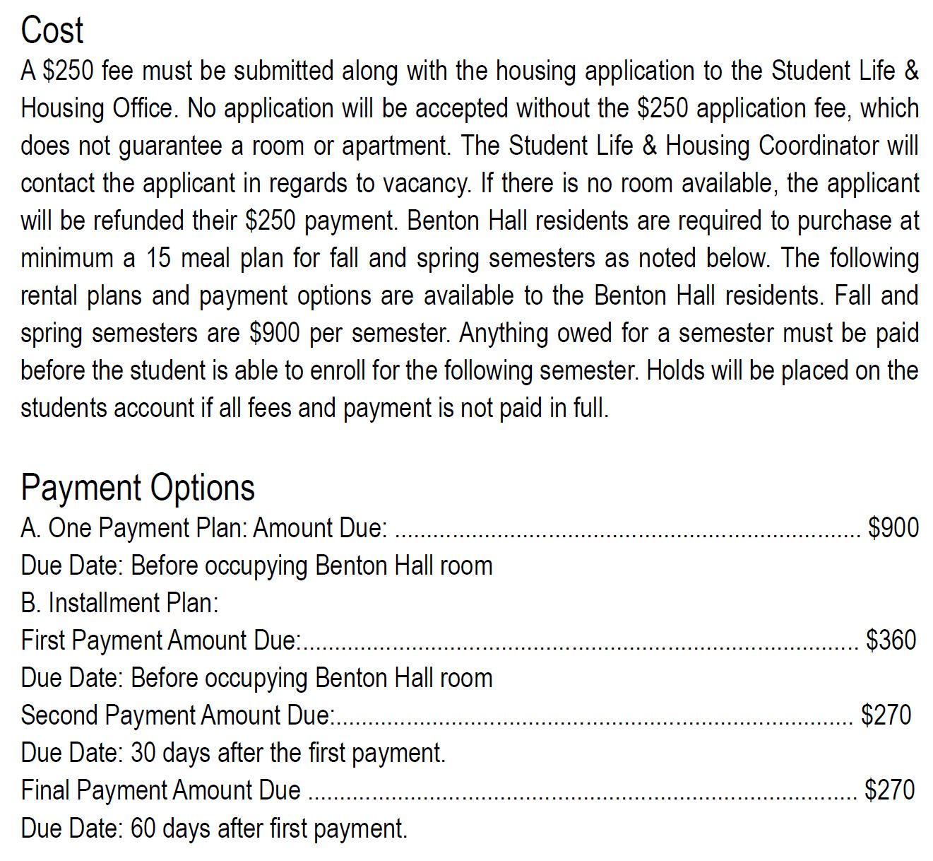 Benton Hall Cost_Payment Options
